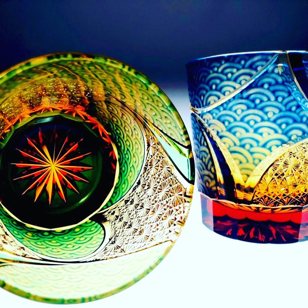 Green and blue Edo Kiriko whiskey glasses