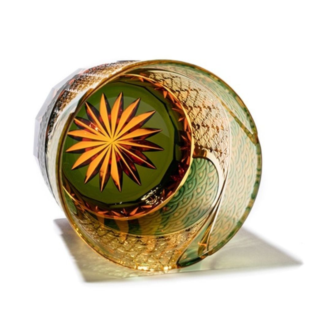 Edo Kiriko Amber Green Whiskey Glass Hado