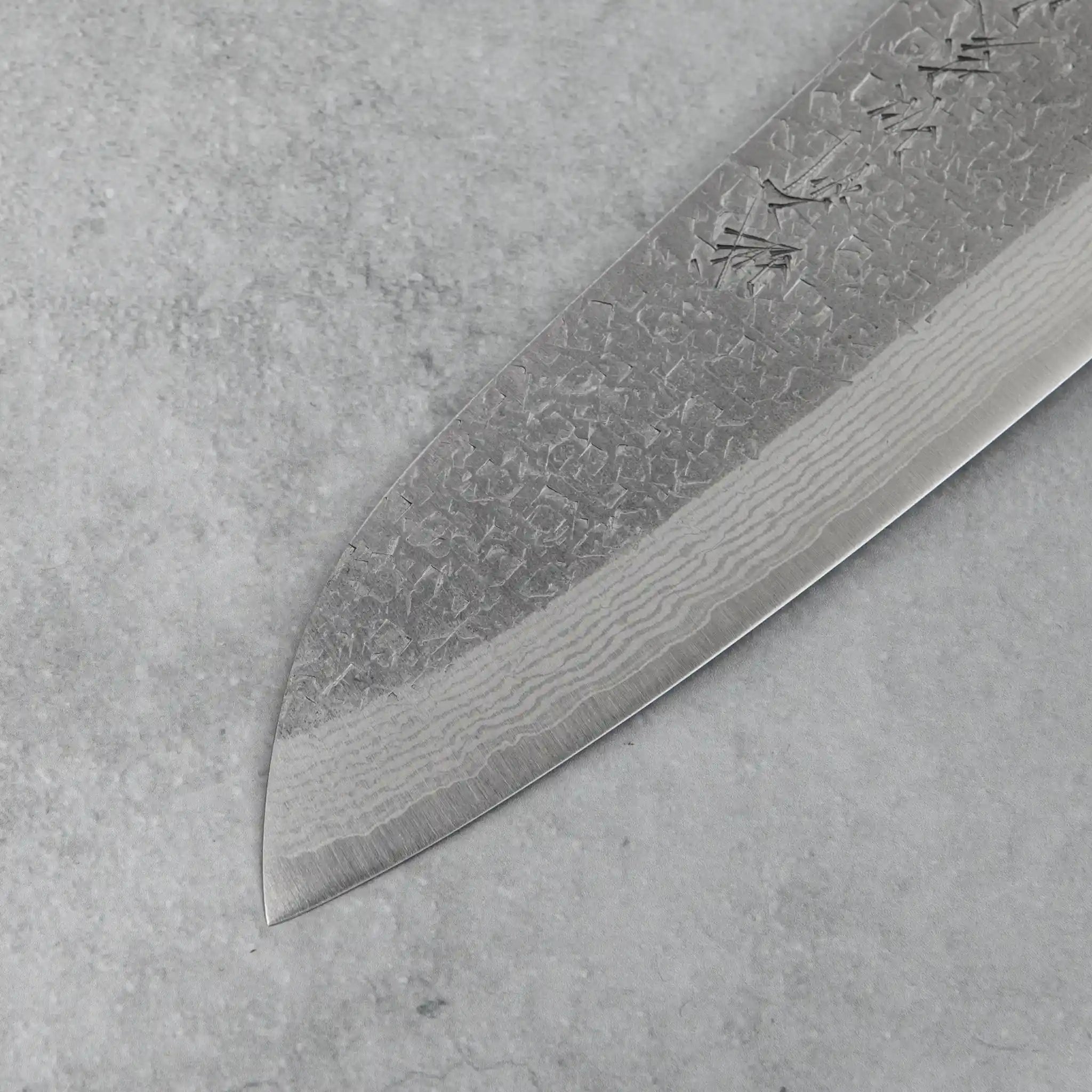 Kamo Hamono VG10 Tsuchime Damascus Juhyo Santoku Knife Purple Handle