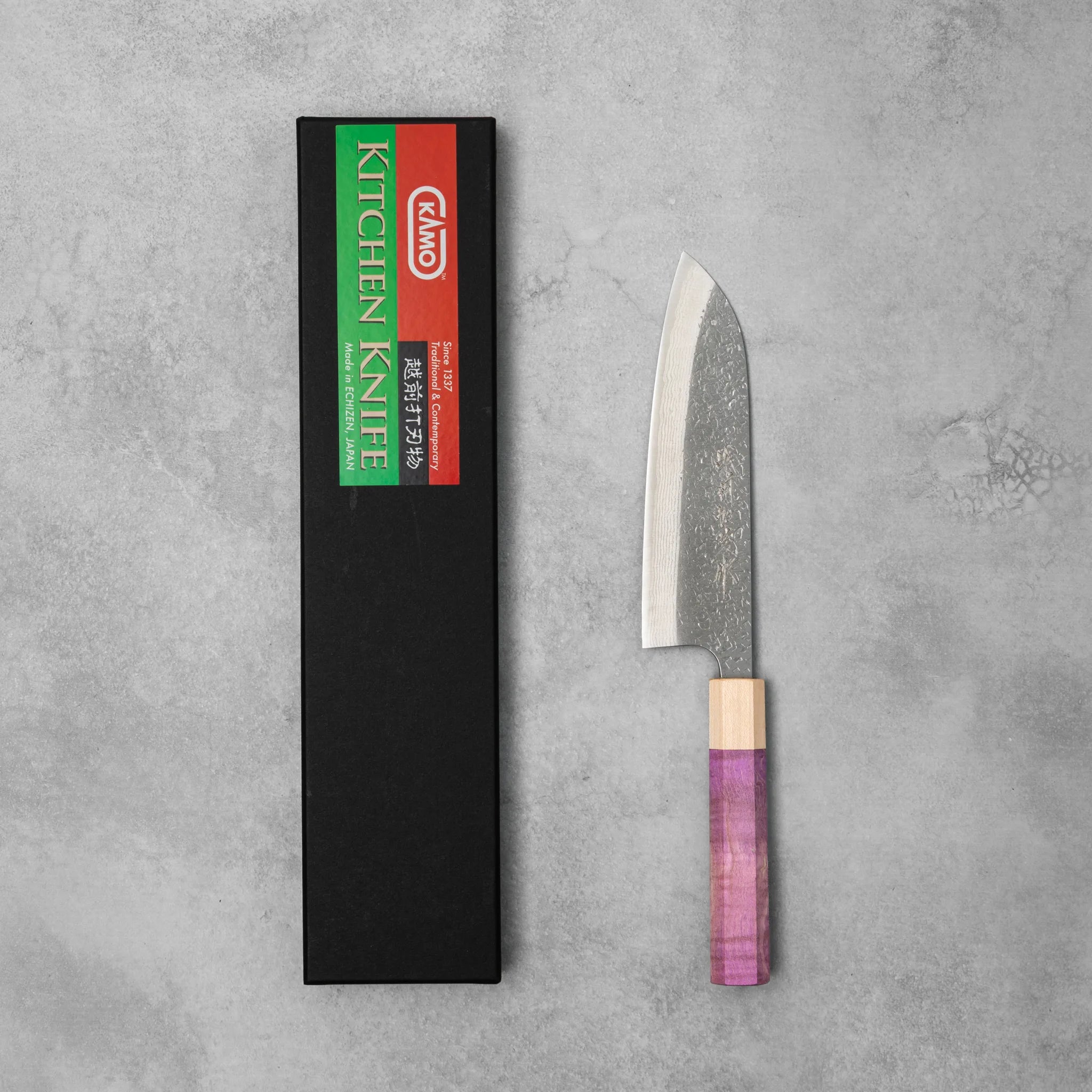 Kamo Hamono VG10 Tsuchime Damascus Juhyo Santoku Knife Purple Handle