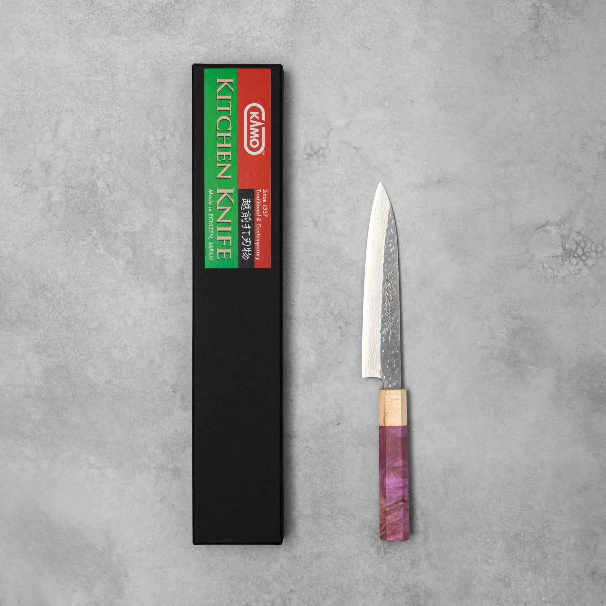 Kamo Hamono VG10 Tsuchime Damascus Shizuku Petty Knife Purple Handle