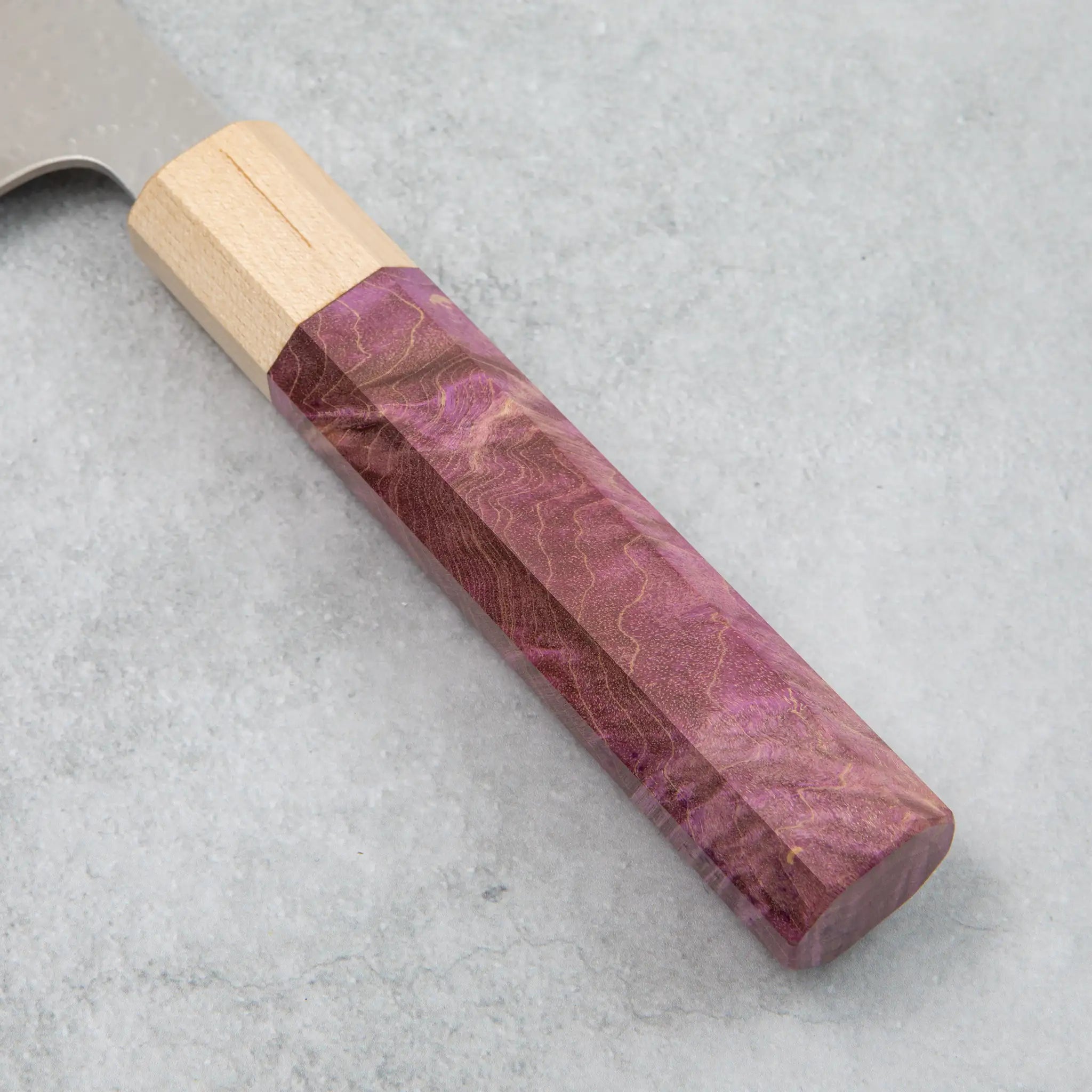 Kamo Hamono VG10 Tsuchime Damascus Shizuku Santoku Knife Purple Handle