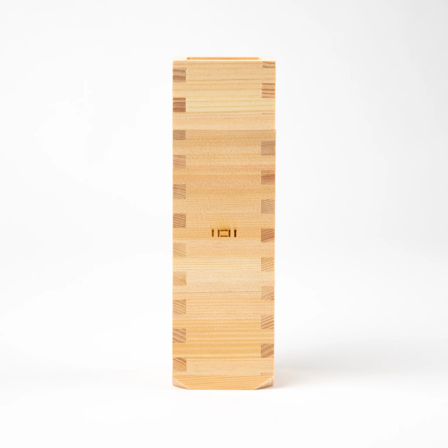 A single tall wooden tokkuri bottle with traditional Japanese joinery details, displayed on a white background.