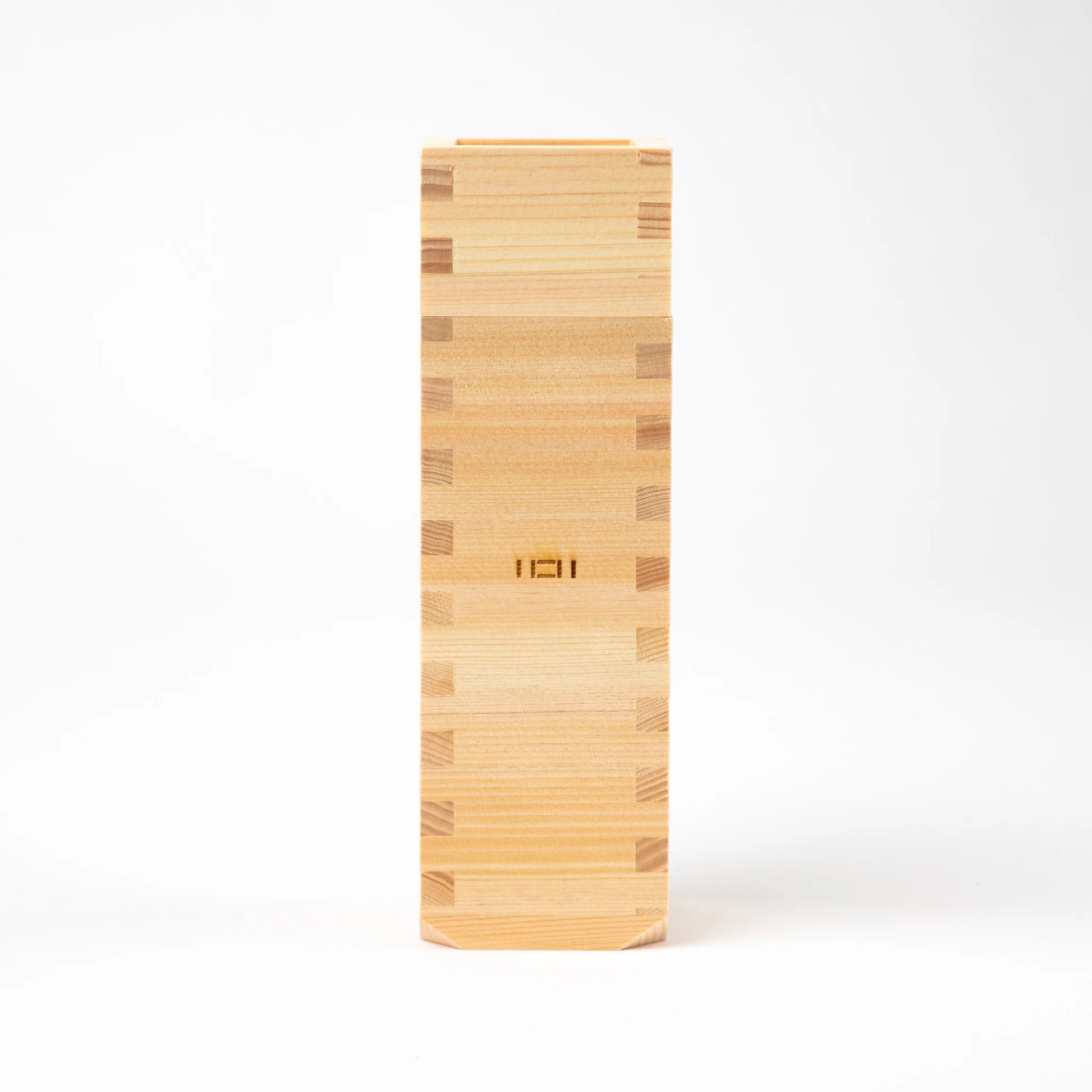 A single tall wooden tokkuri bottle with traditional Japanese joinery details, displayed on a white background.