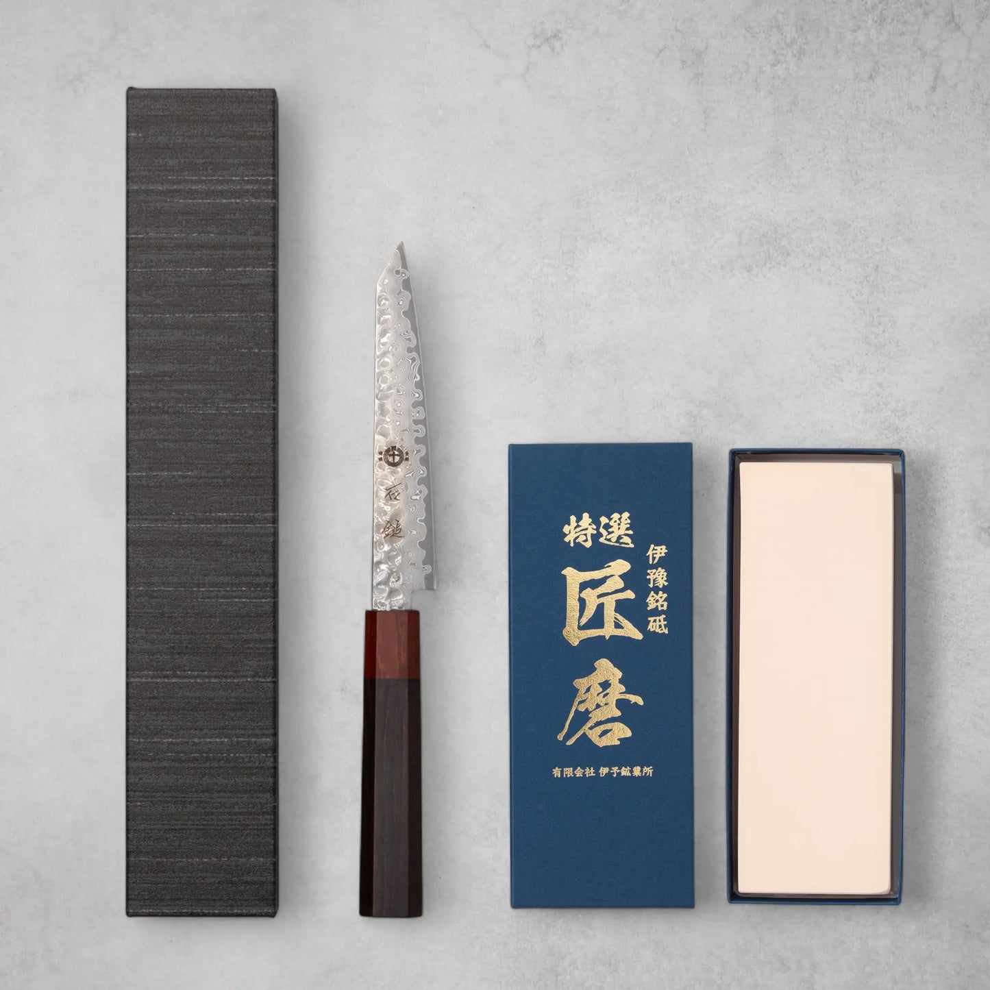 Ishizuchi VG10 Damascus Tsuchime Kiritsuke Petty Knife and Japanese Whetstone Set