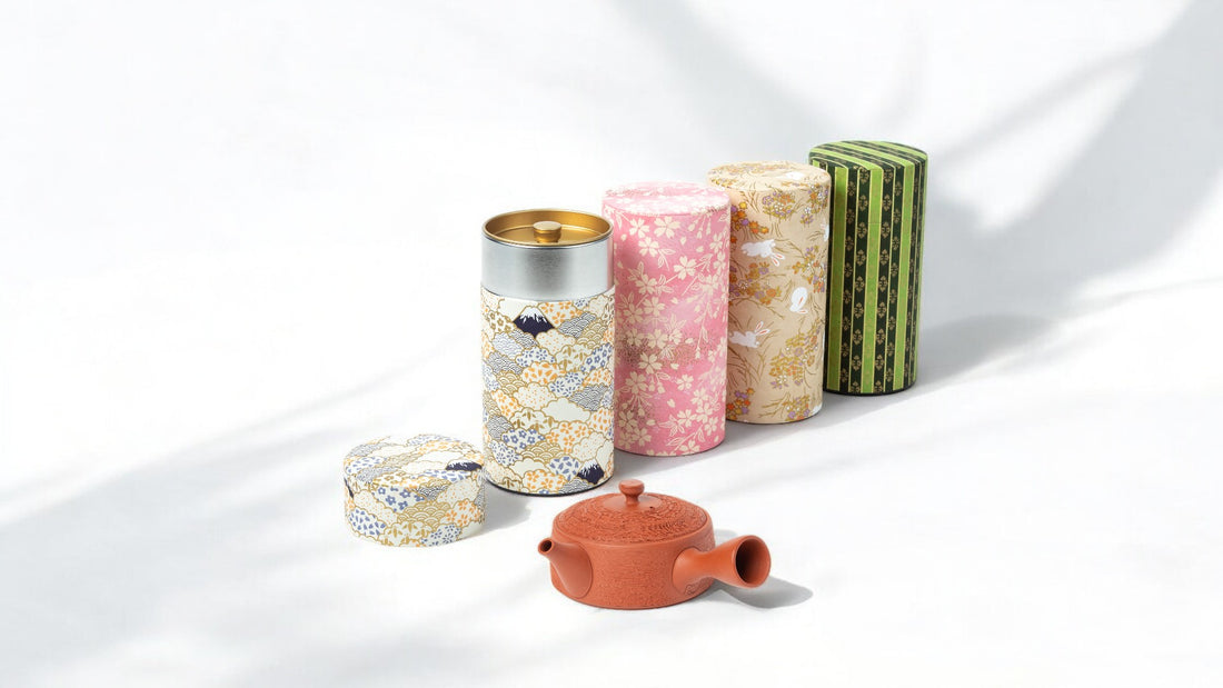 Assorted Japanese tea canisters with a vermilion Japanese Tokoname-ware Tea pot