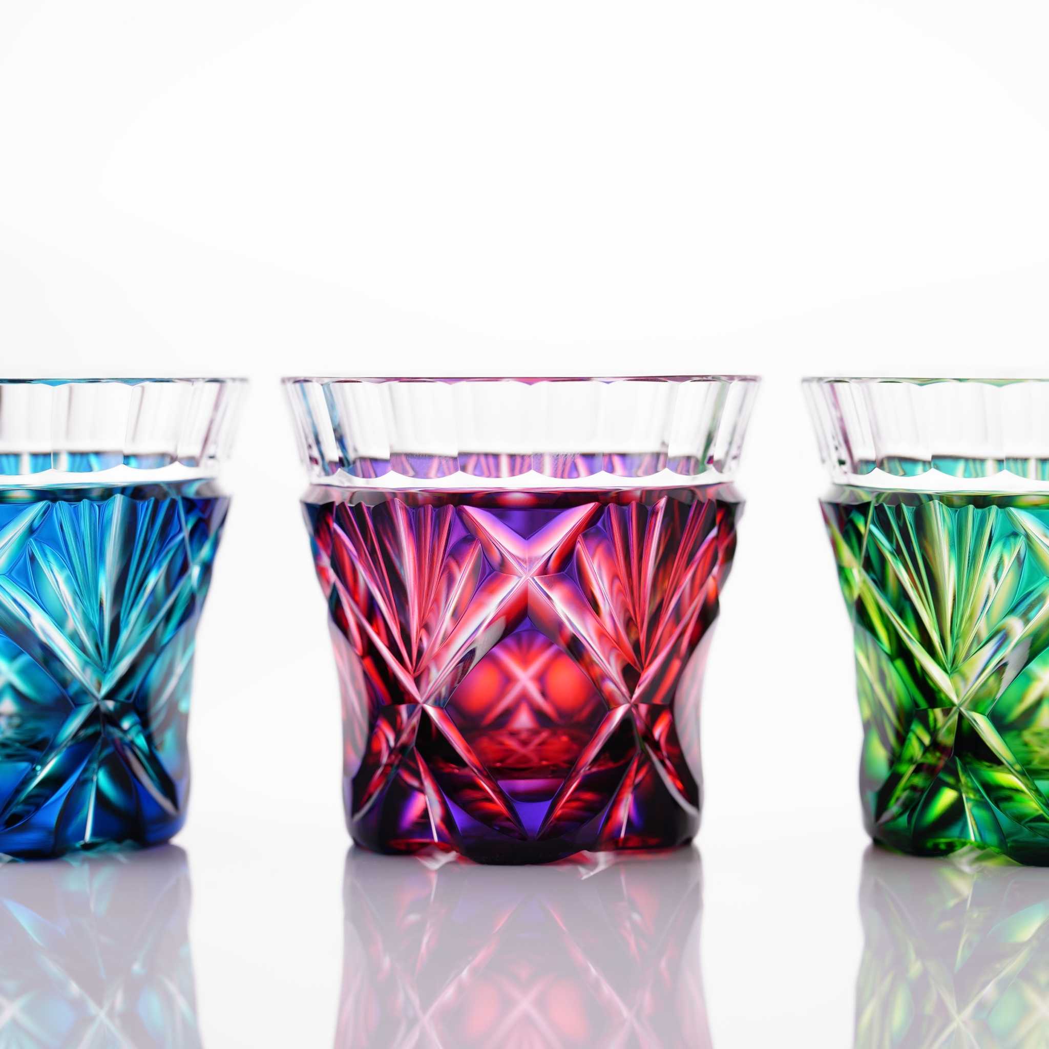 Three Satsuma Kiriko sake glasses with beautiful vibrant colors