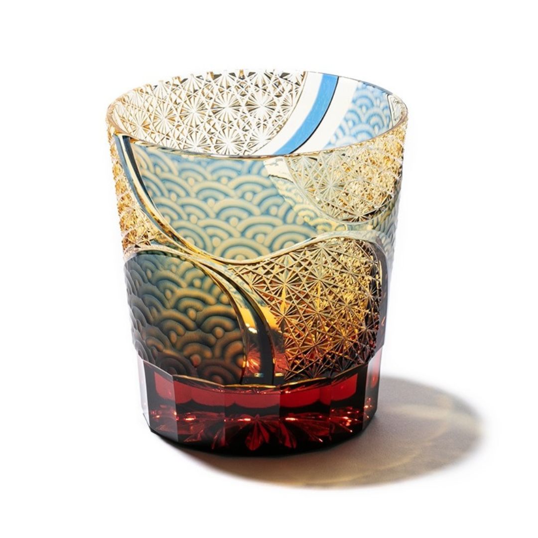 Edo Kiriko Amber Azure Whiskey Glass Hado