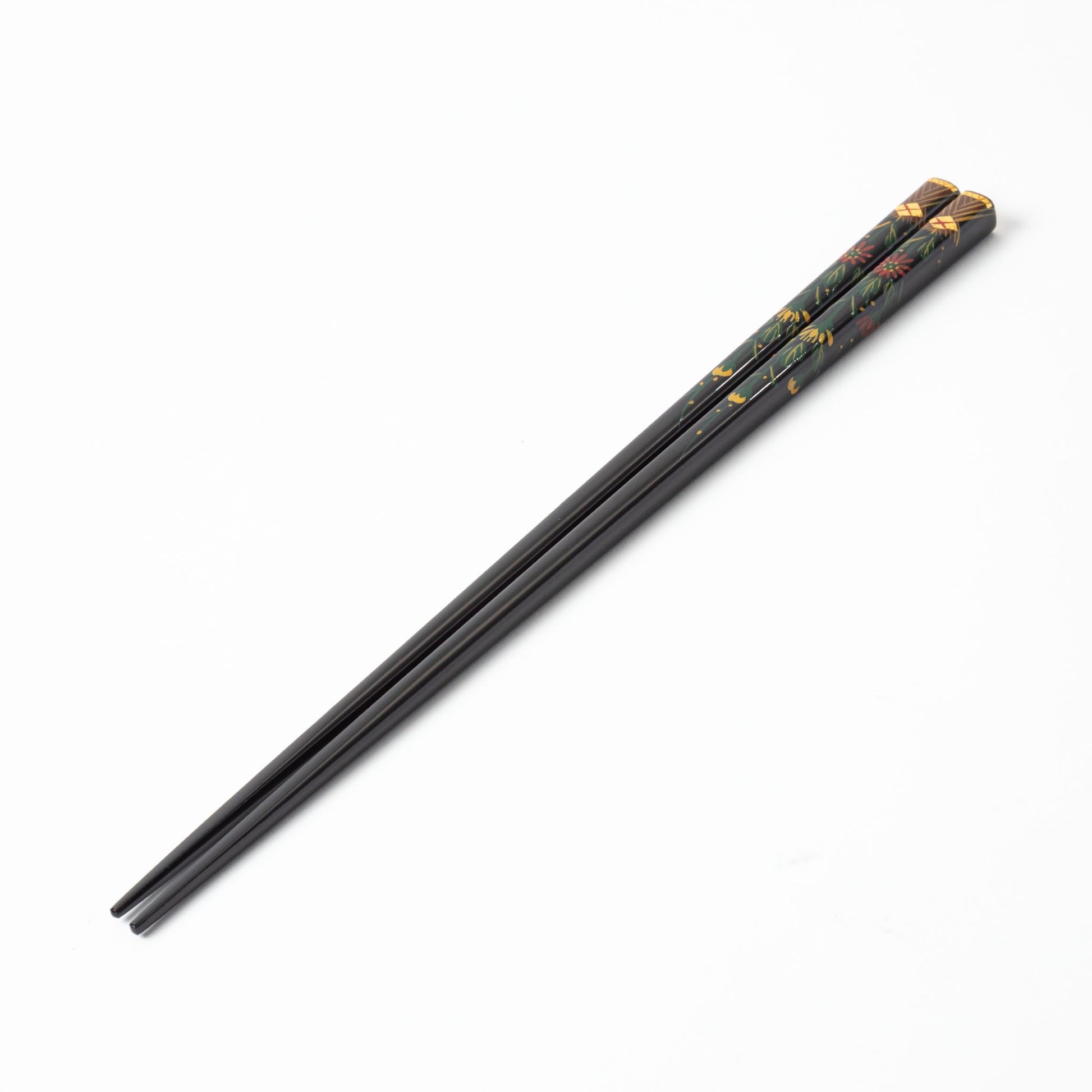 Angled shot of Aizu Lacquerware Chrysanthemum Chopsticks