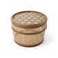 Round bamboo basket with a finely detailed lid featuring an intricate hexagonal woven pattern, highlighting traditional Japanese craftsmanship.