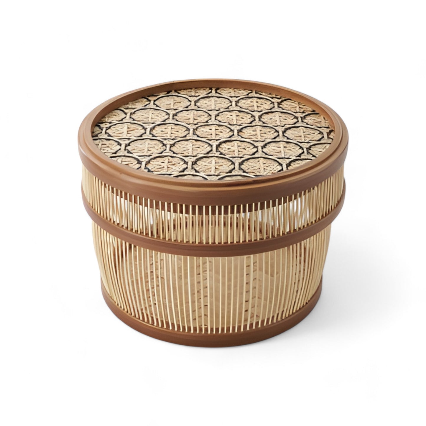 Round bamboo basket with a finely detailed lid featuring an intricate hexagonal woven pattern, highlighting traditional Japanese craftsmanship.