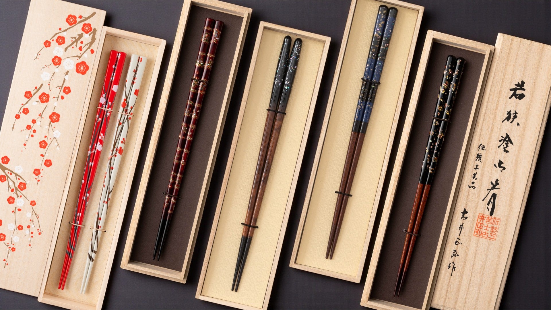 Matsukan Chopsticks: Rimpa Red and White Plum Wakasa Lacquer Chopsticks Pair, Hanakago Wakasa Lacquer Chopsticks, Isaribi Chopsticks, Kaiunmo Chopsticks, and Kanishiki Wakasa Lacquer Chopsticks - Omakase