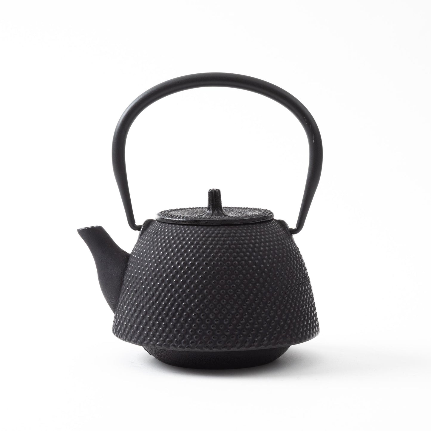 A black Nanbu cast iron teapot with a textured dotted pattern, featuring a round shape and an arched handle.