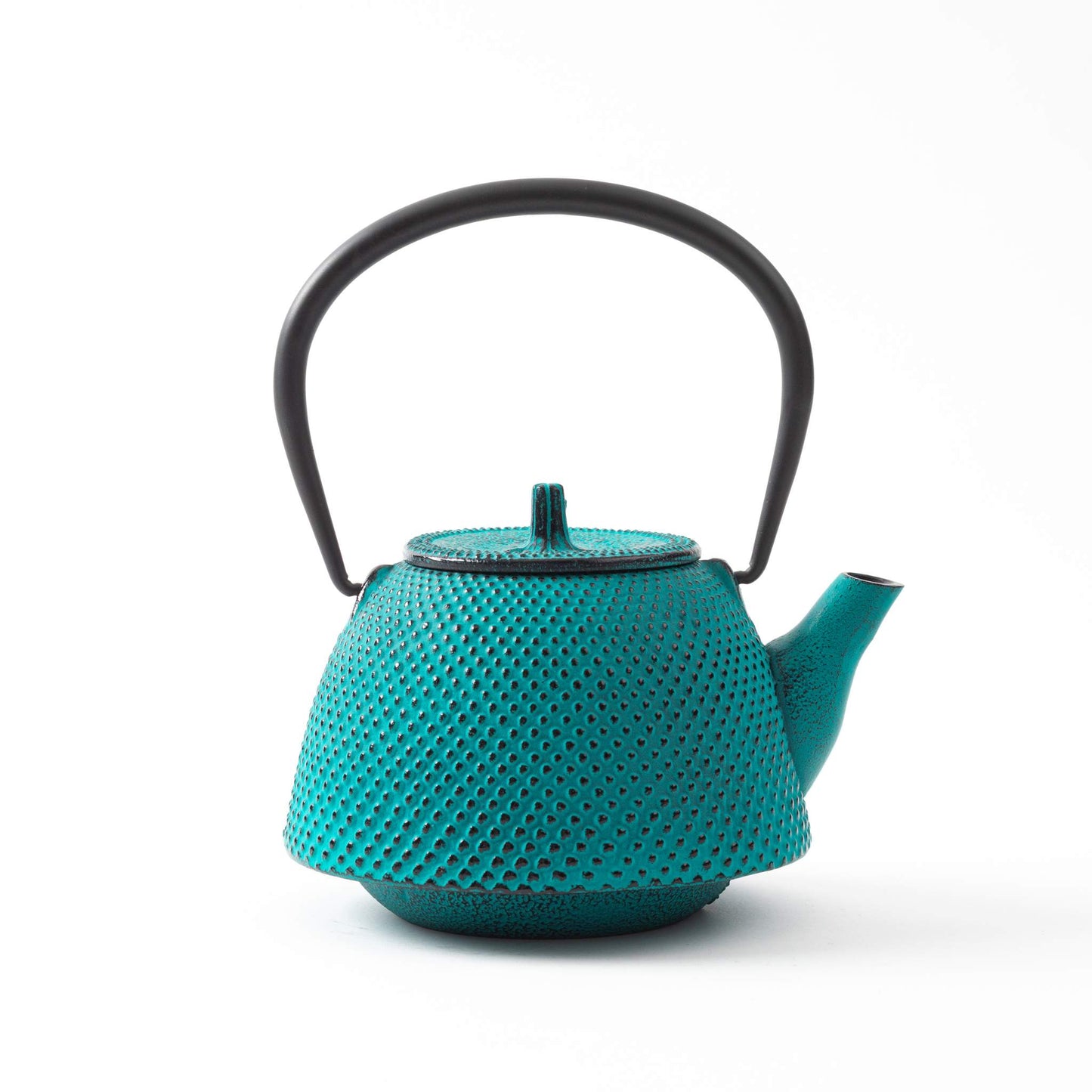 Classic Arare Sky Blue Nanbu Cast Iron Teapot, side view highlighting the rounded body and textured handle.