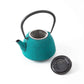 Classic Arare Sky Blue Nanbu Cast Iron Teapot with lid off, revealing the stainless steel tea strainer inside.