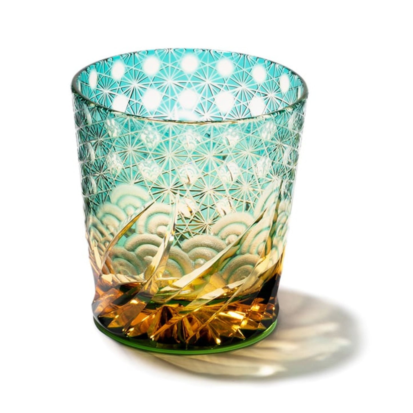 Edo Kiriko Amber Green Whiskey Glass Sazanami