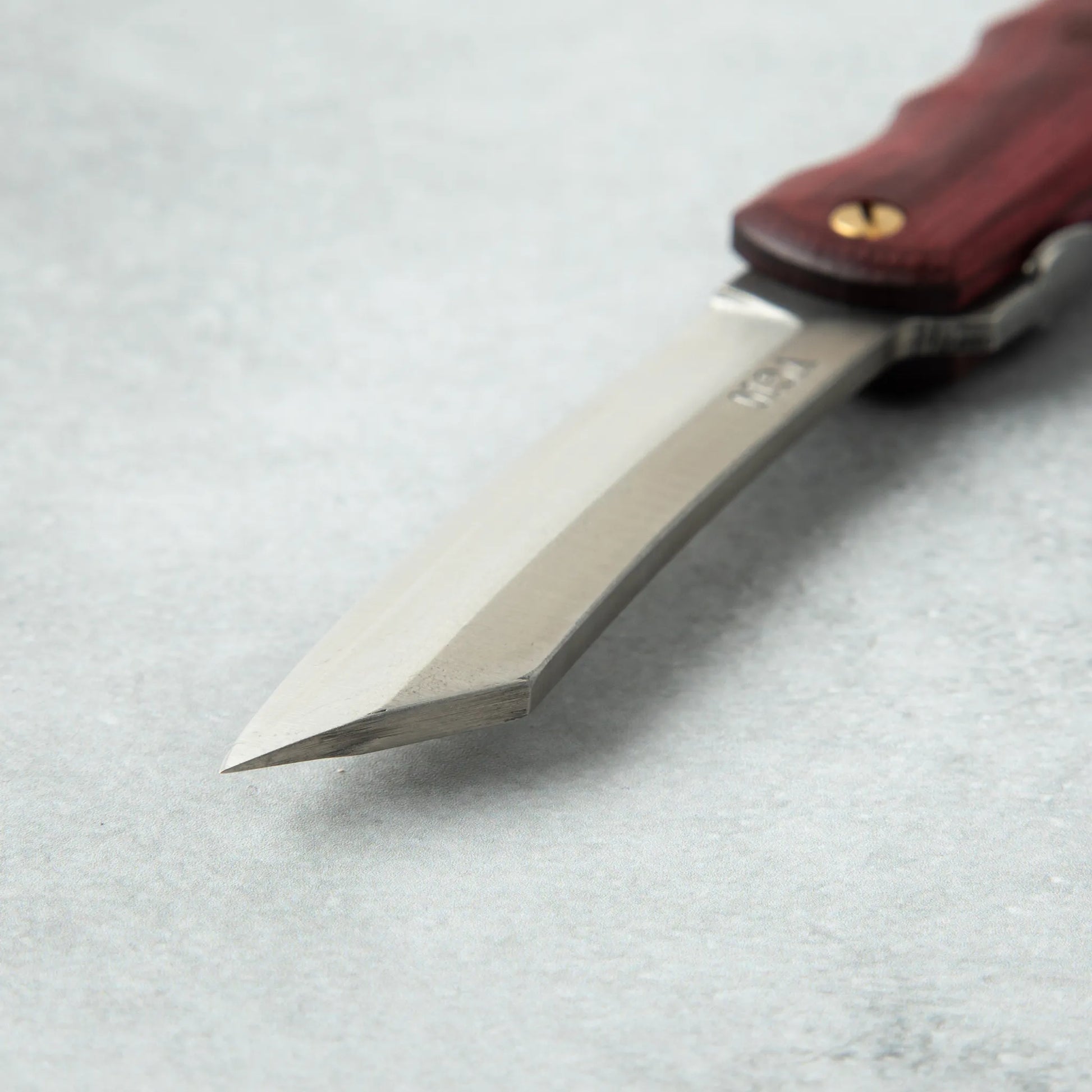 Close-up of the tip of the Higonokami Woody VG10 knife blade, showcasing its sharp, angular edge with a polished finish.