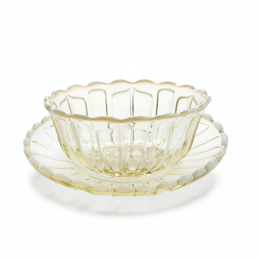 Japanese retro clear glass bowl with gold rim on a white background