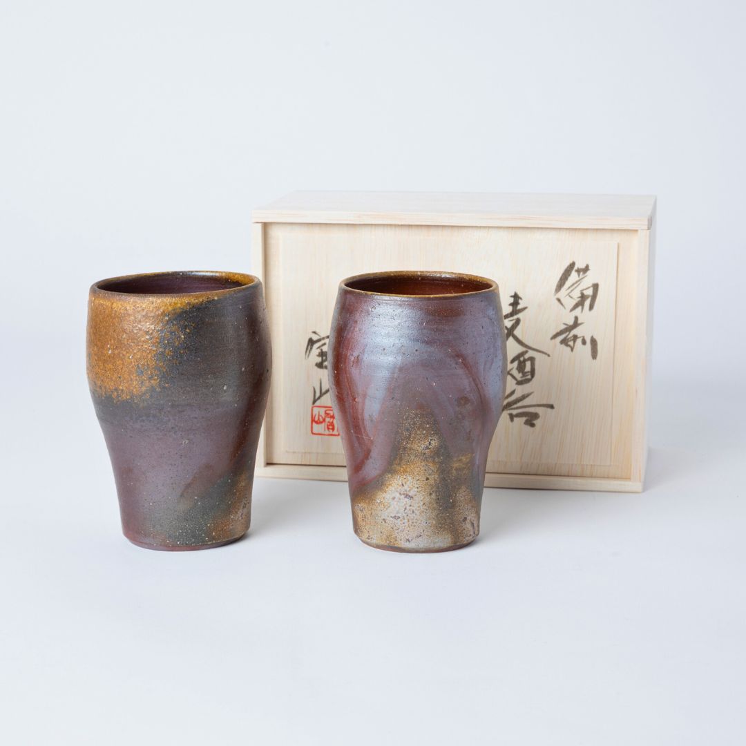 Hozan Kiln Sangiri and Goma Bizen Ware Round Beer Tumbler Set