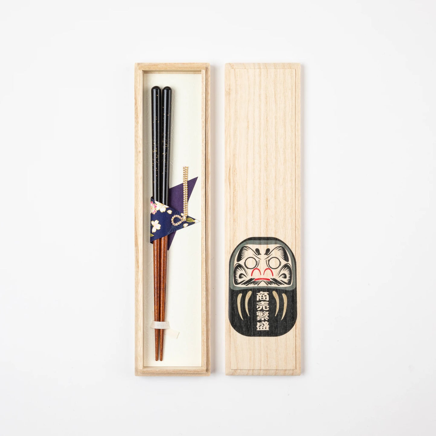 Gold Sprinkle Lacquer Chopsticks displayed in a black Daruma paulownia gift box by Hyozaemon.