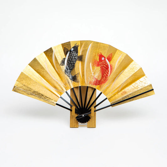 Gold Foil Folding Fan Koi and Bamboo