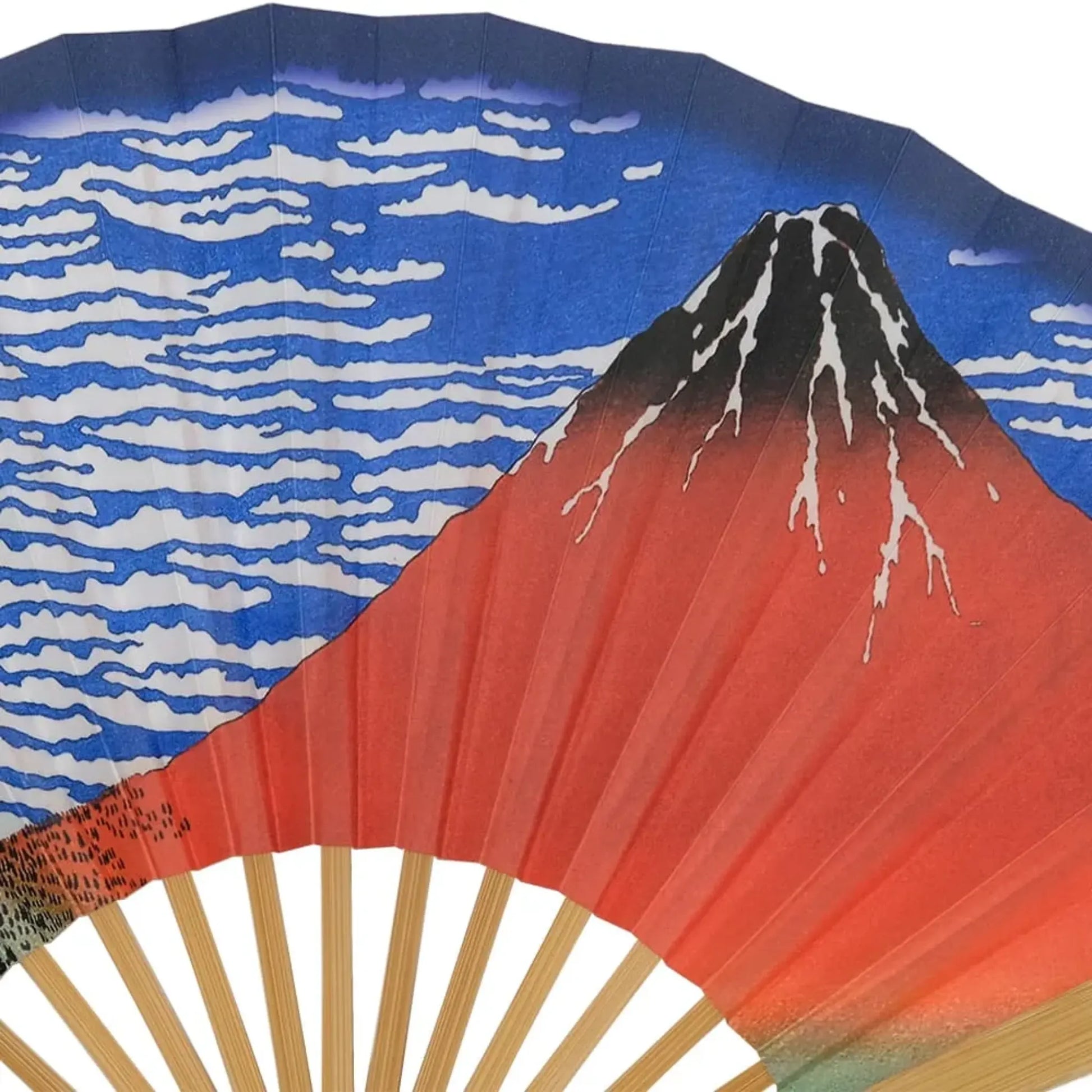 Detailed section of the Red Fuji, showcasing vivid red slopes and contrasting white snow on the mountain peak.