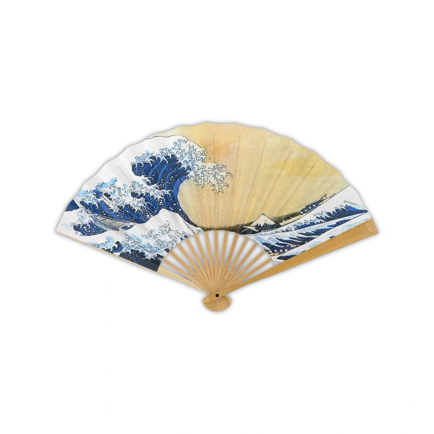 A Japanese hand fan featuring Hokusai's iconic artwork, "The Great Wave off Kanagawa." The wave towers over a boat with Mount Fuji in the background.