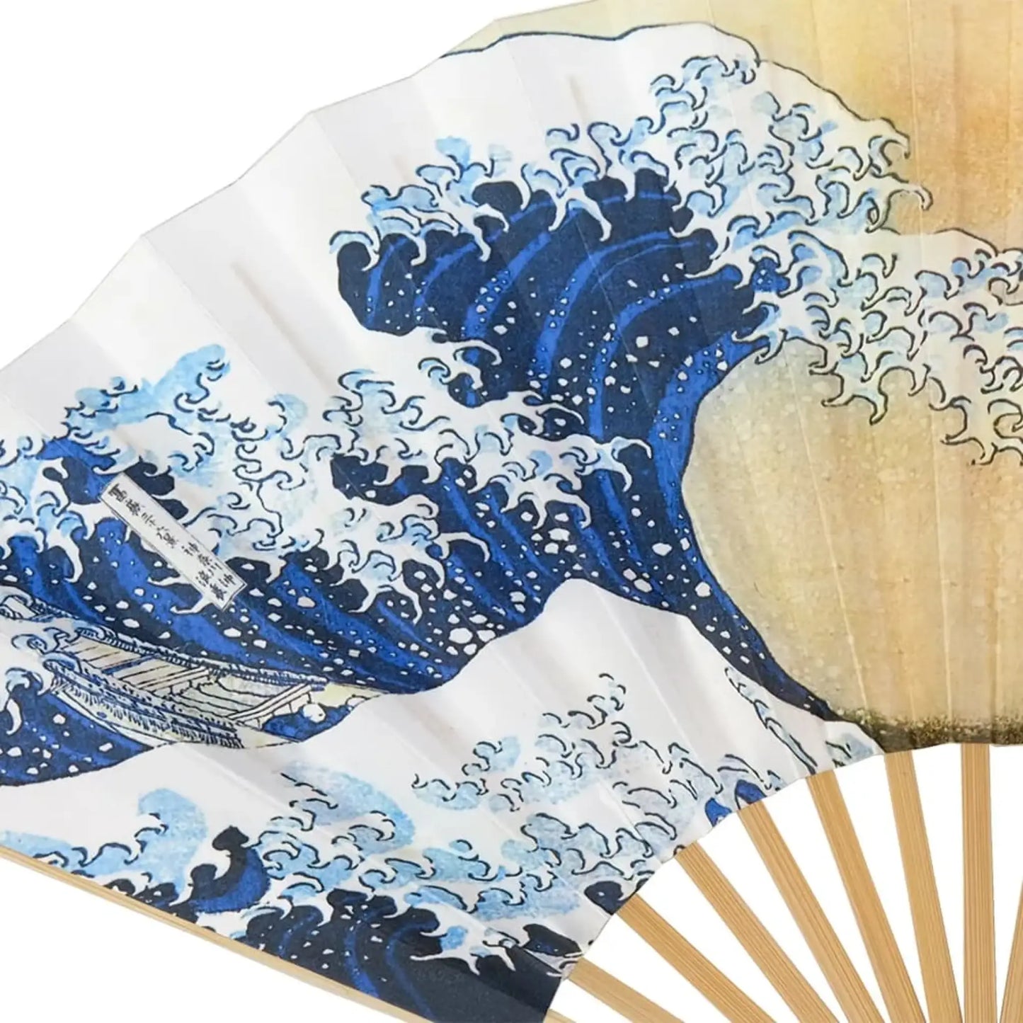 Detailed section of the fan showcasing the massive blue wave with intricate white foam, capturing the dynamic motion of the artwork.