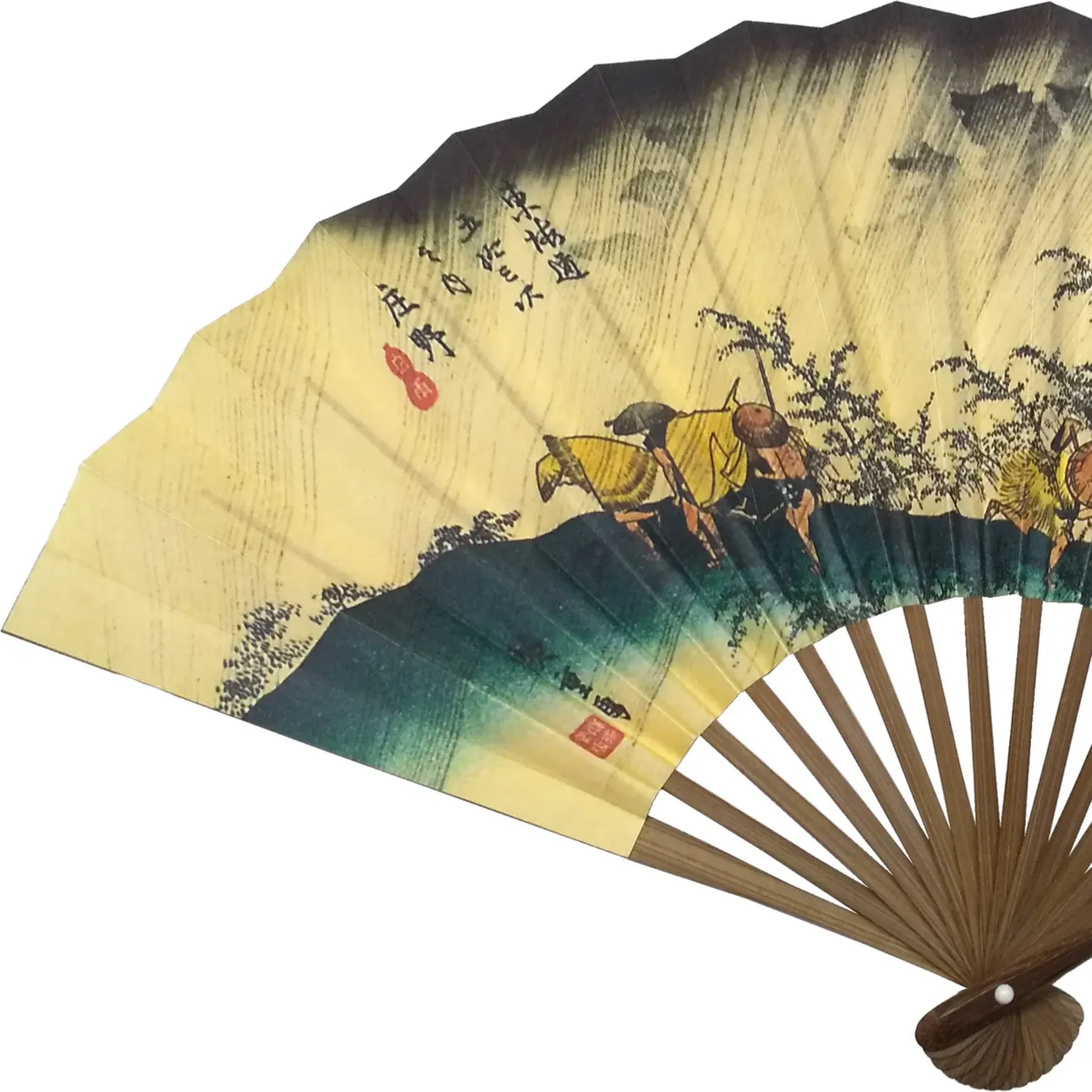 Detailed section of the fan, highlighting travelers on horseback, Japanese inscriptions, and a transition from blue-green tones to golden hues.