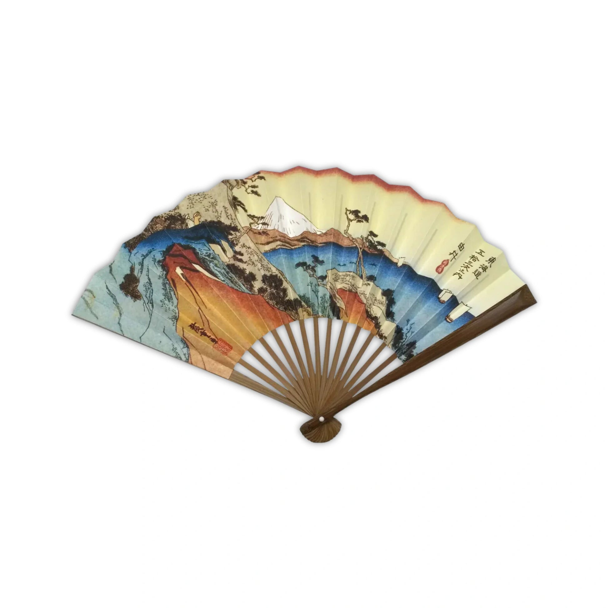 Traditional Japanese folding fan featuring a panoramic landscape scene with Mount Fuji, lush greenery, and vibrant hues of red, blue, and yellow. The fan is painted in a style reminiscent of classic ukiyo-e prints.