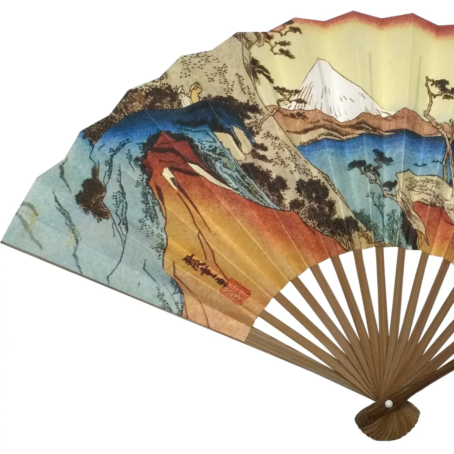 Close-up of the left side of the folding fan, showing intricate details of the red and blue landscape with Mount Fuji in the background. Artist's signature and red seal are visible on the artwork.