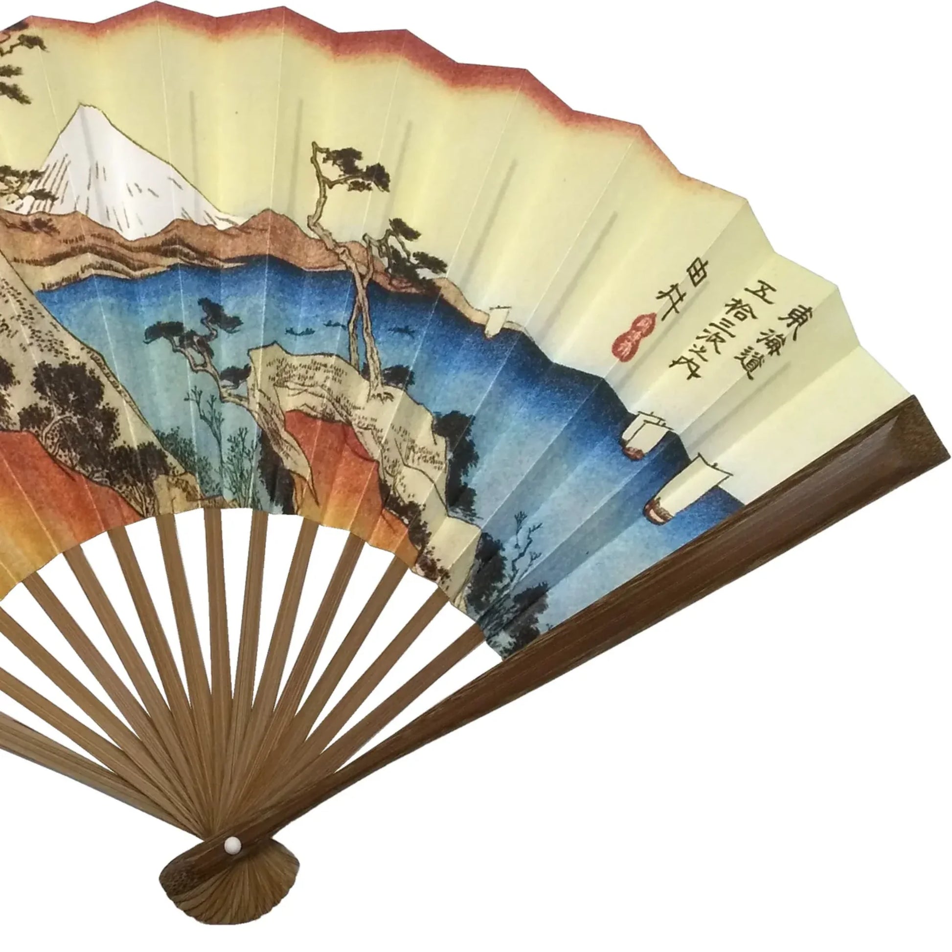 Close-up of the right side of the folding fan, highlighting the continuation of the mountain scenery with trees, rocks, and Japanese inscriptions on the fan’s design.