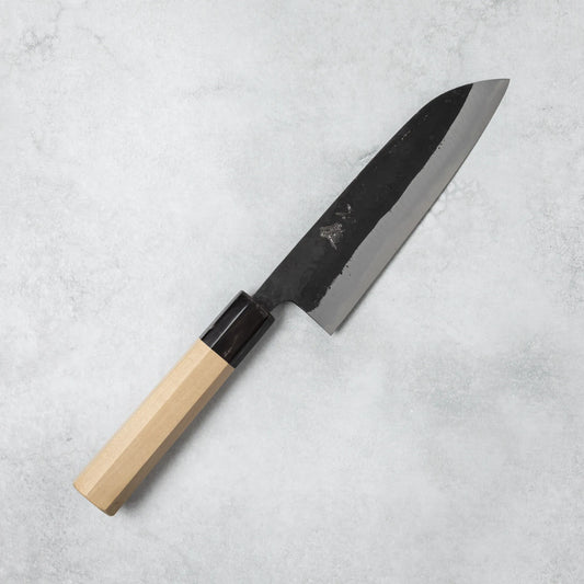 Full view of the Ishizuchi Blue Steel No.2 Santoku Knife with magnolia handle, featuring a compact design ideal for versatile kitchen tasks.