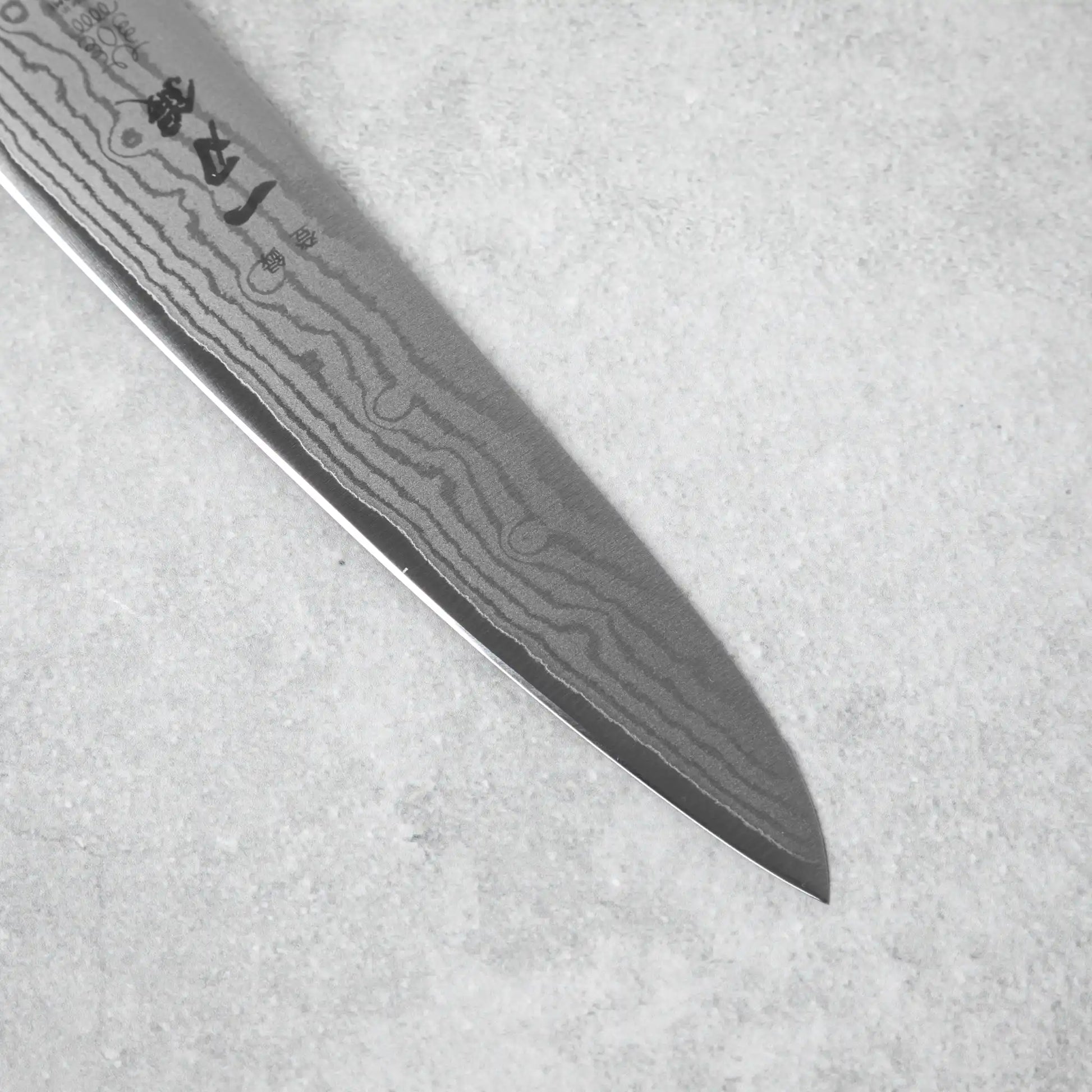 A macro shot of the blade’s tip, displaying the fine Damascus pattern and precise sharpening.