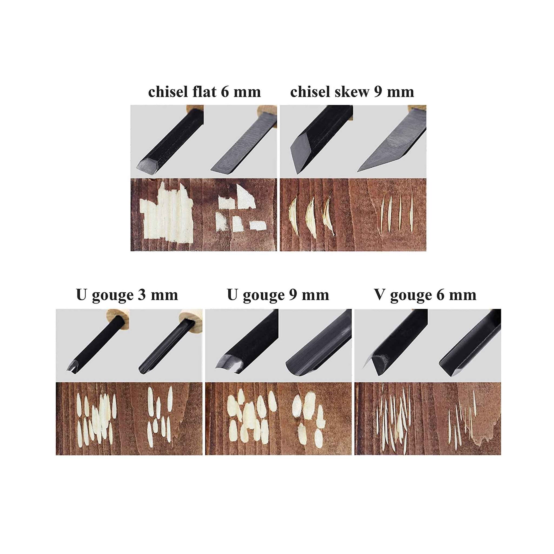 Demonstration of different carving techniques with the Kakuri Aogami Steel knife set, highlighting various blade types including chisel flat, chisel skew, U gouge, and V gouge.