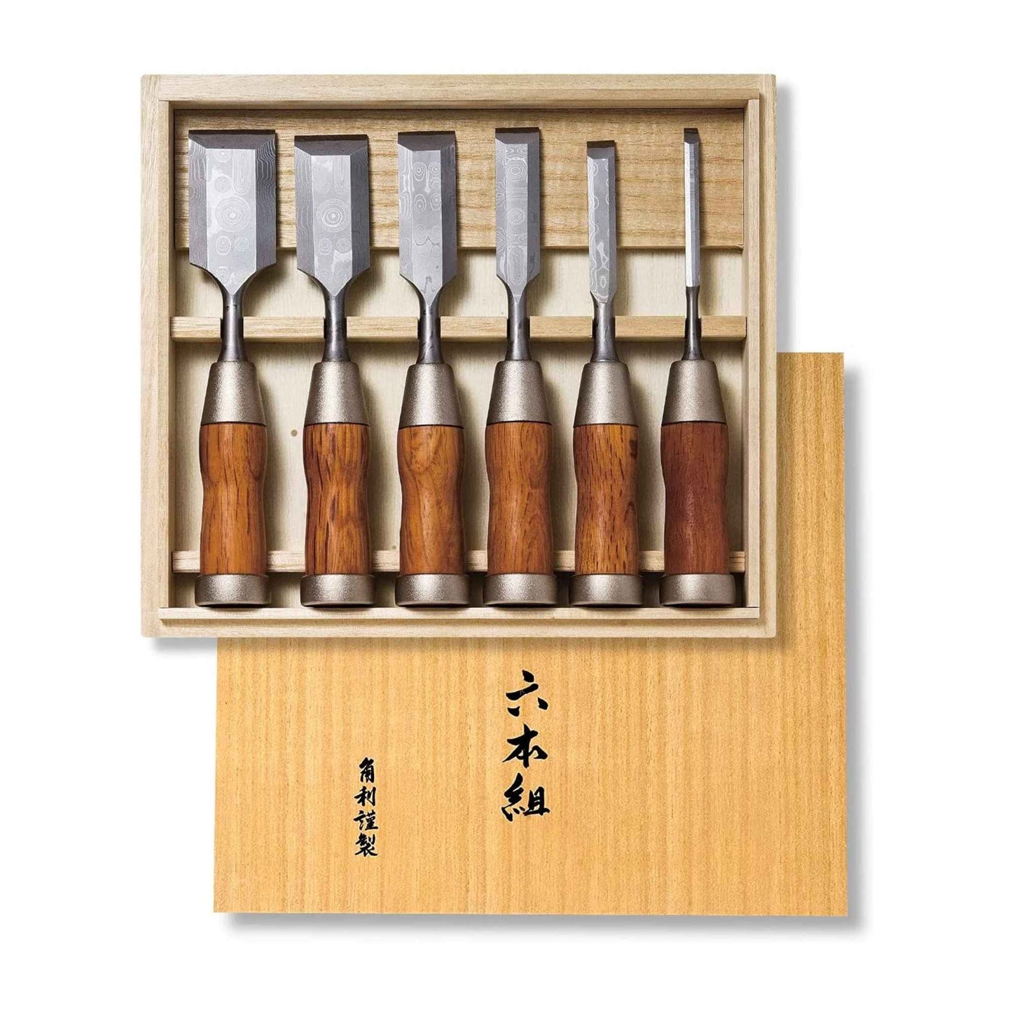 The complete Kakuri Japanese Damascus Chisel Set, arranged inside its wooden box, showing six chisels with metal blades and wooden handles, neatly displayed.