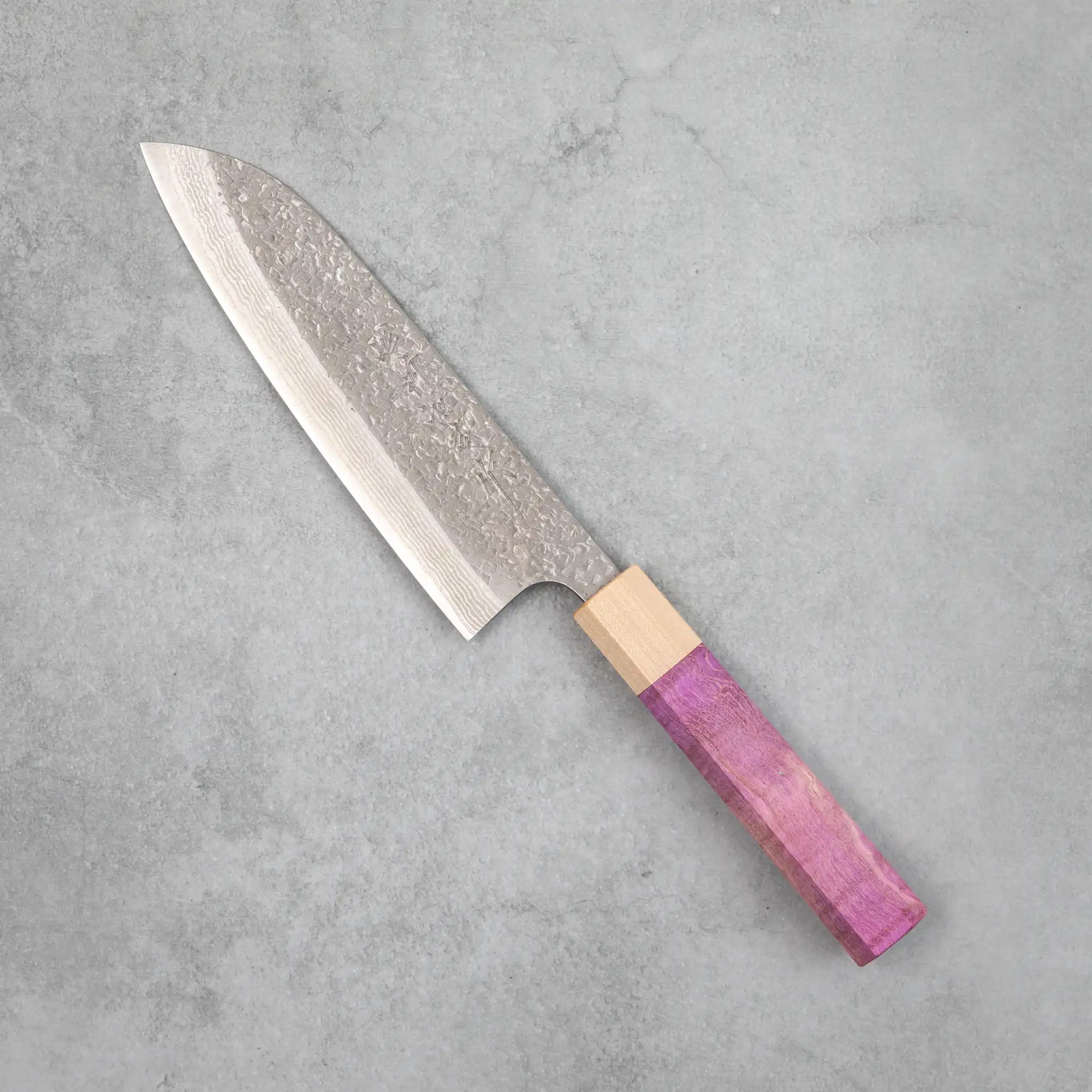 Kamo Hamono VG10 Tsuchime Damascus Juhyo Santoku Knife Purple Handle