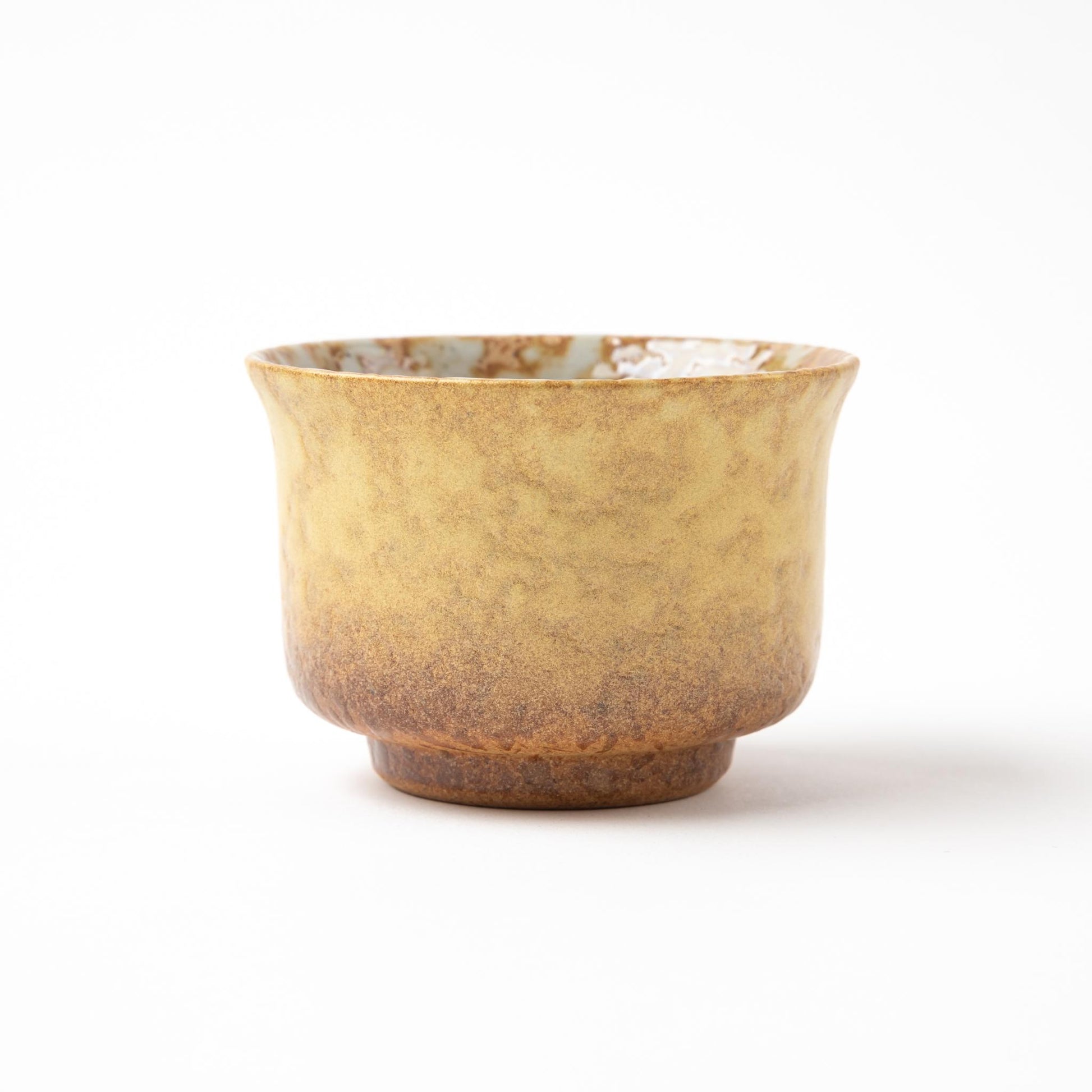 Kutani gold leaf sake cup with a rustic brown glaze, part of a traditional Japanese sake set.