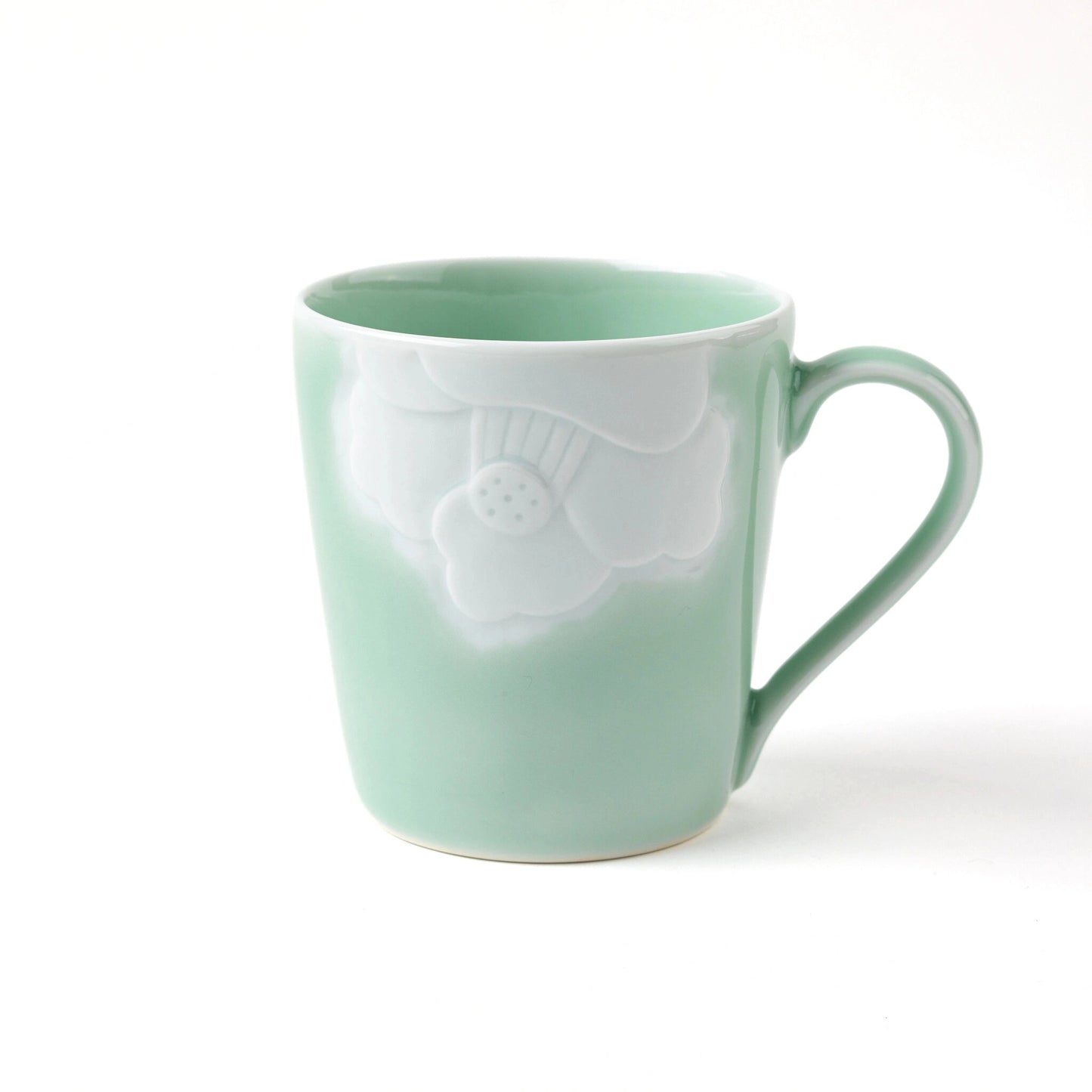 Nabeshima Celadon Porcelain Camellia Carved Mug