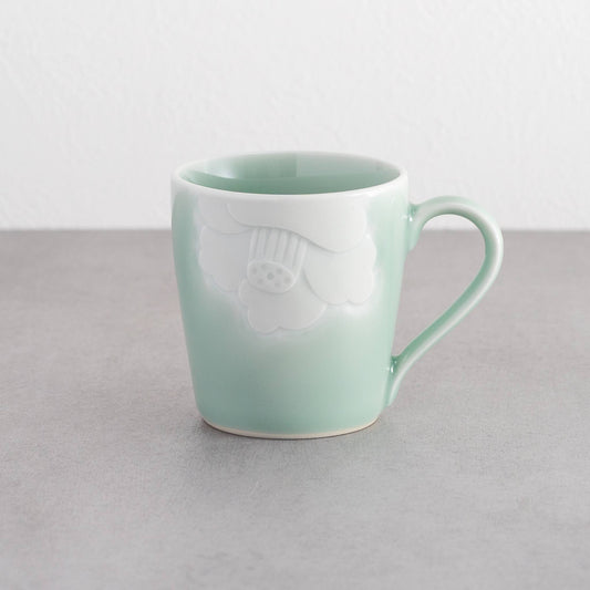 Nabeshima Celadon Porcelain Camellia Carved Mug