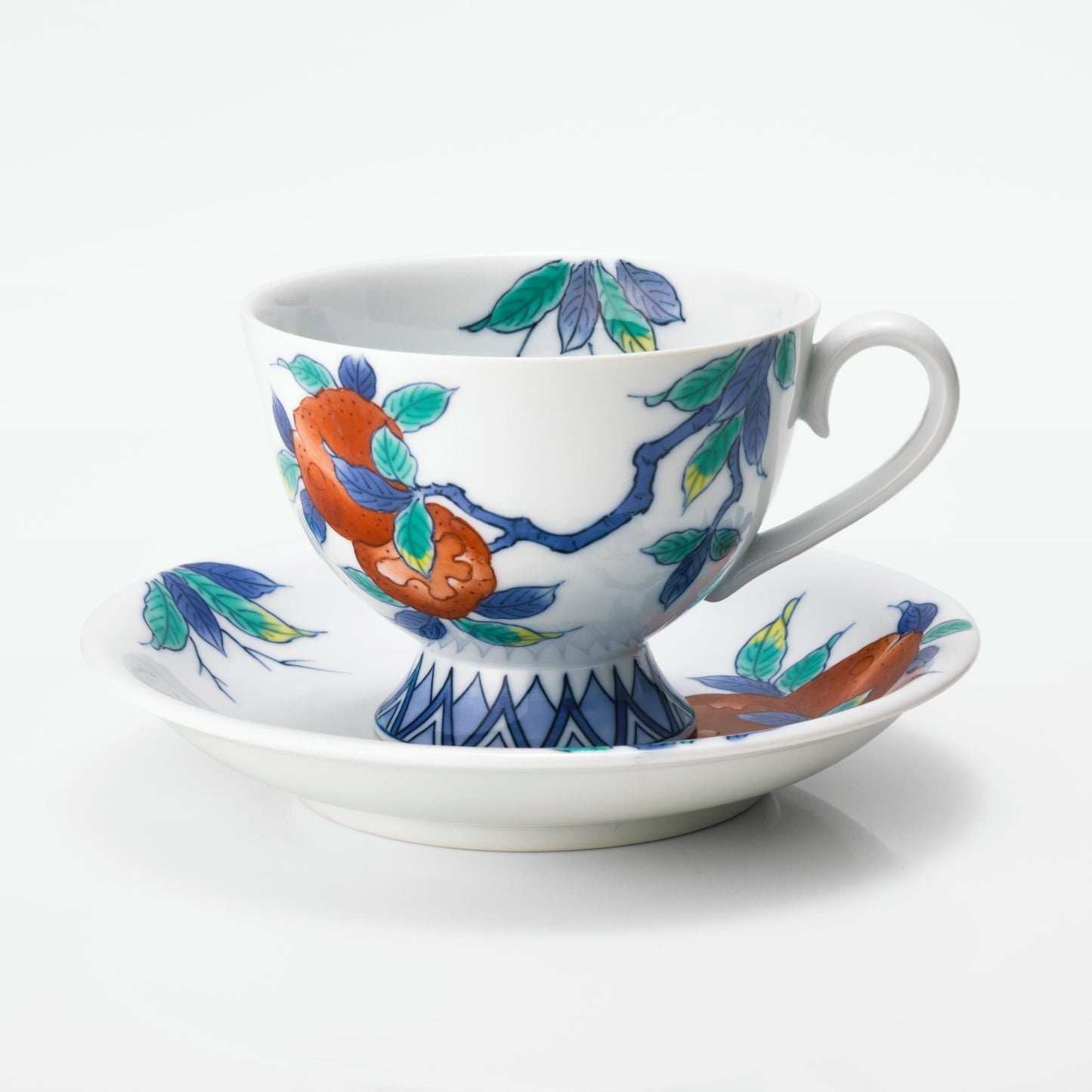 Iro-Nabeshima Glazed Porcelain Pomegranate Coffee Cup and Saucer Set