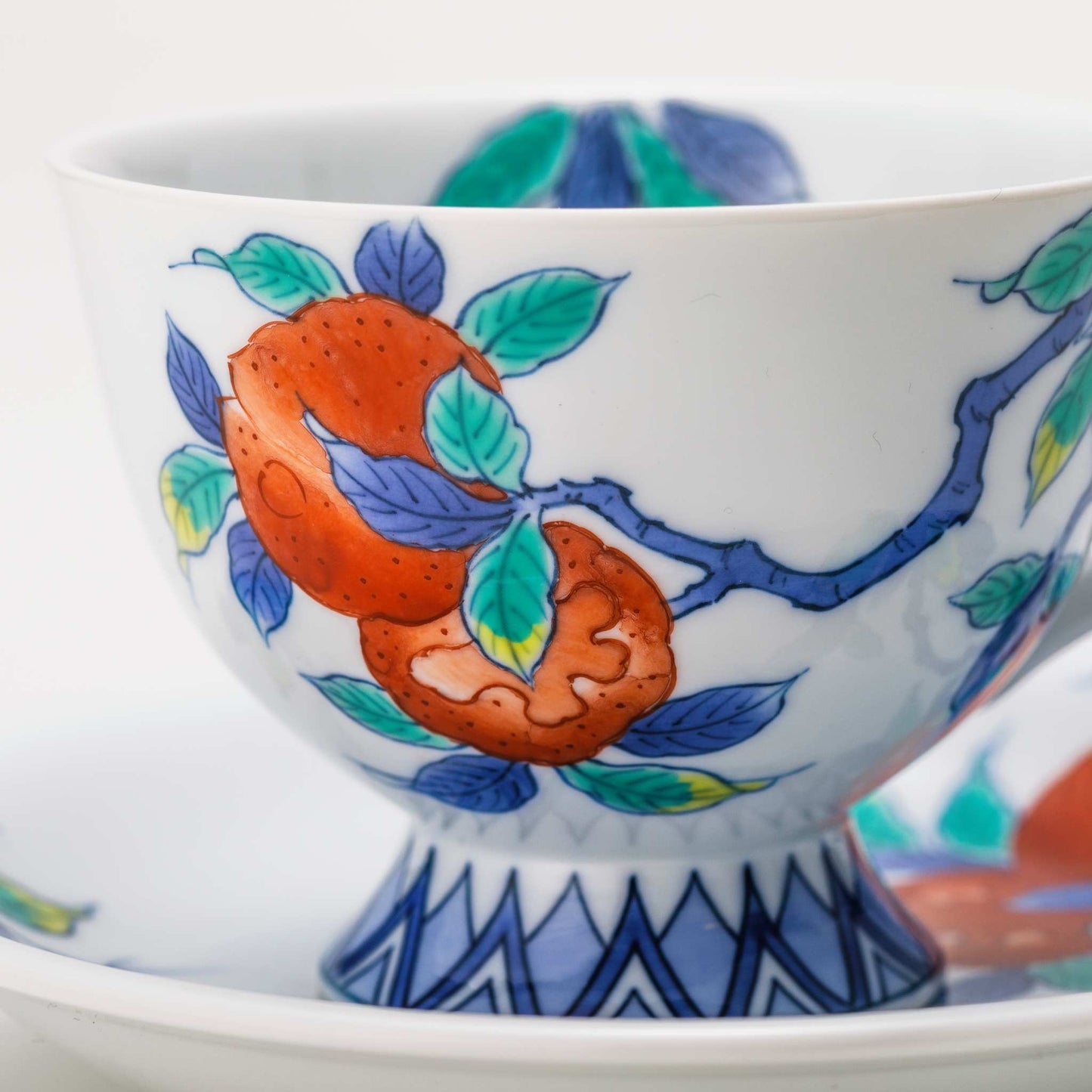 Iro-Nabeshima Glazed Porcelain Pomegranate Coffee Cup and Saucer Set