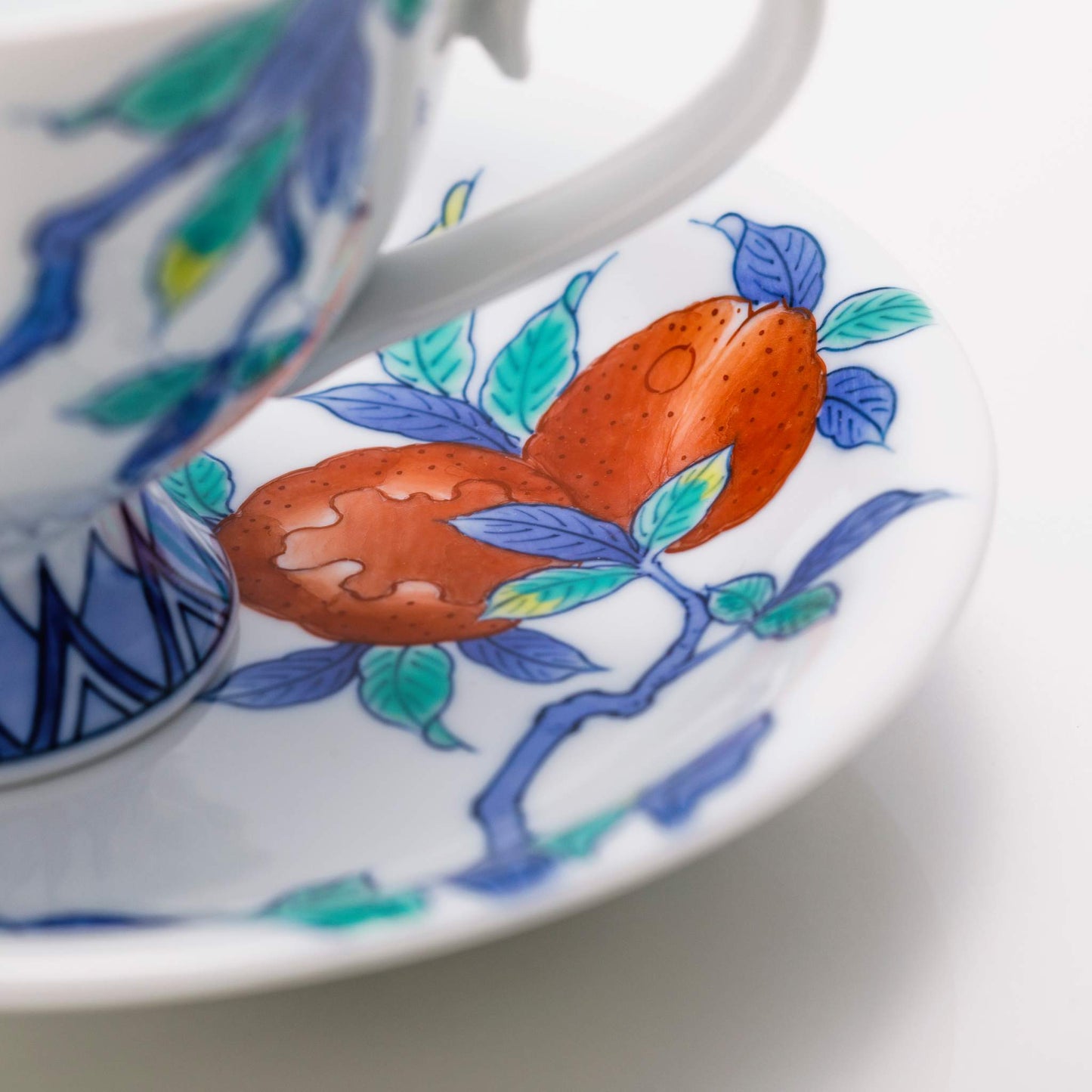 Iro-Nabeshima Glazed Porcelain Pomegranate Coffee Cup and Saucer Set