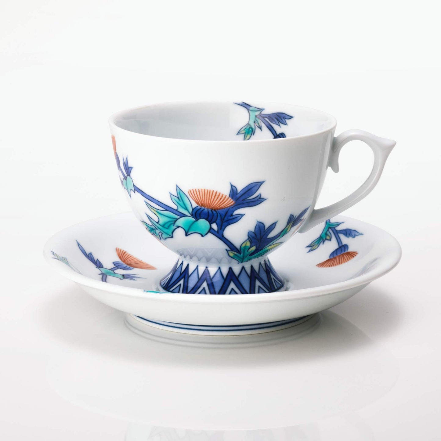 Iro-Nabeshima Glazed Porcelain Thistle Coffee Cup and Saucer Set