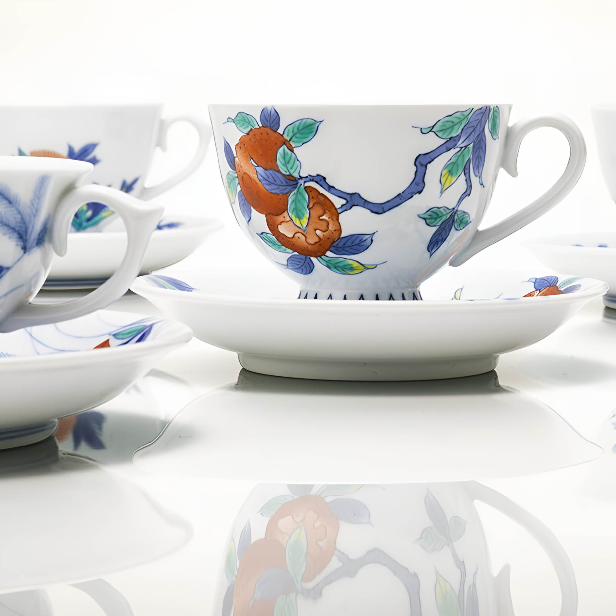 Iro-Nabeshima Glazed Porcelain Thistle Coffee Cup and Saucer Set
