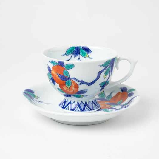 Iro-Nabeshima Glazed Porcelain Pomegranate Coffee Cup and Saucer Set