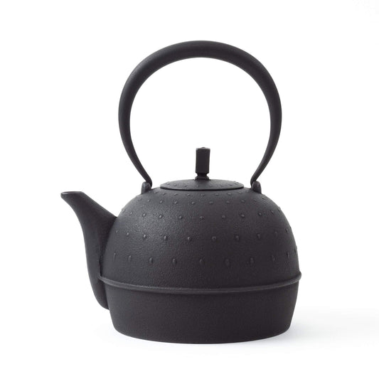 Classic Arare black Nambu cast iron teapot with traditional Japanese design, featuring a textured surface and curved handle.