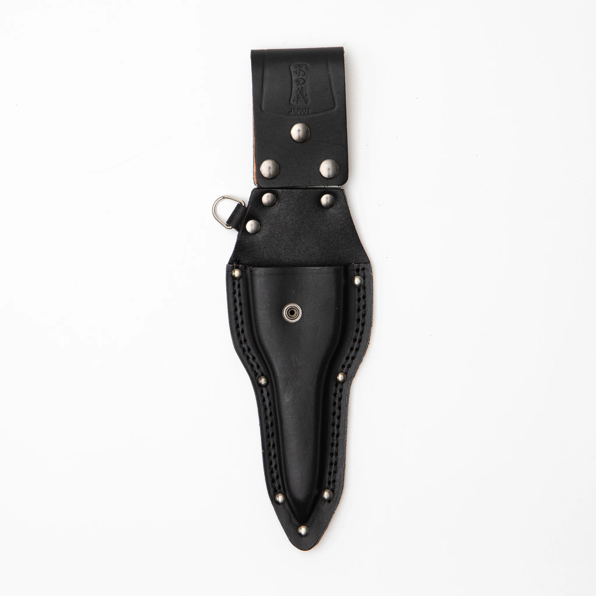 Front view of the Onoyoshi Hamono black full-grain leather bud cutting shears case, showing a tapered profile with stud detailing, snap button closure, D-ring attachment on the left side, and a wide belt loop at the top embossed with the Onoyoshi mark.