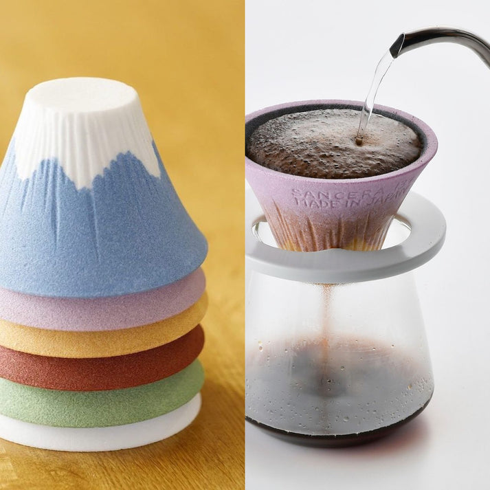 Sancera Hasami ware ceramic Mt. Fuji Coffee Filter in stack and in use