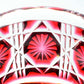 Detailed starburst pattern in red Satsuma Kiriko sake cup.